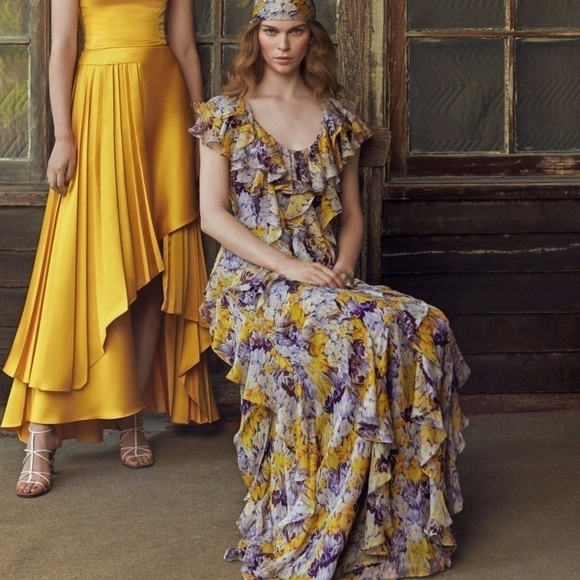 New Flor et. al Valles Floral Silk Chiffon Ruffle Lilac Gown Resort '20 4 US NWT - Picture 4 of 17